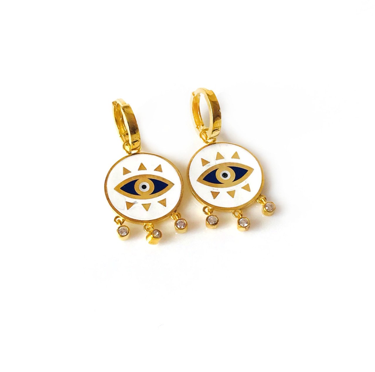 Beyaz Mineli Taşlı Gold Renk Gümüş Küpe