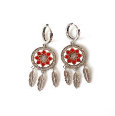 Kırmızı Mineli Pullu Gümüş Küpe