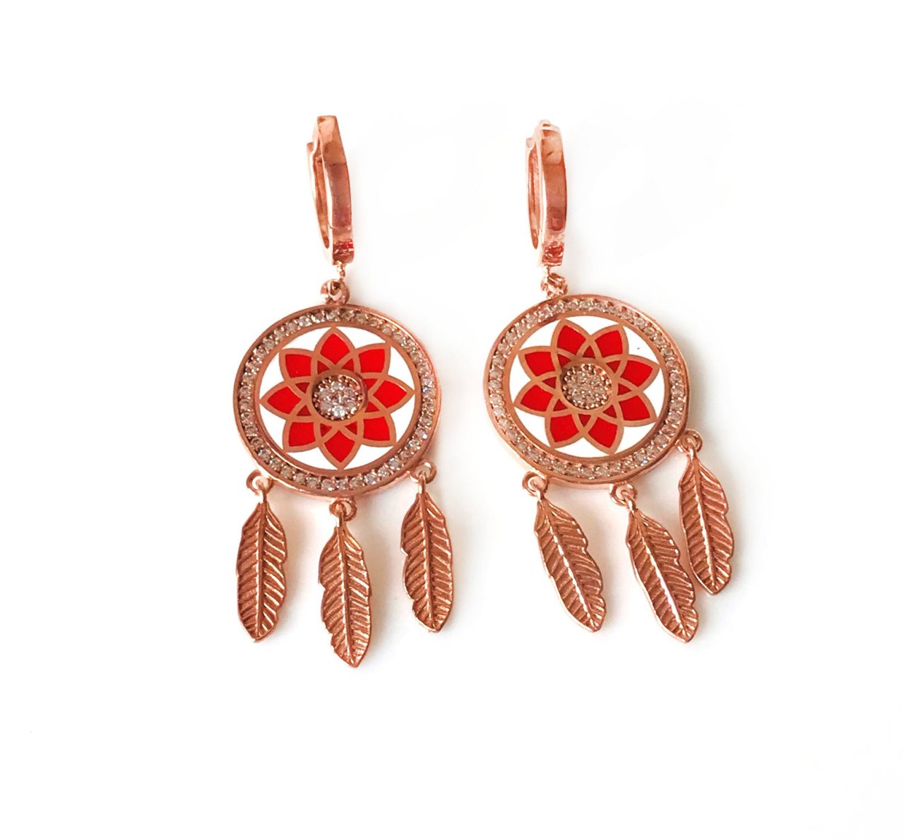 Kırmızı Mineli Pullu Rose Gümüş Küpe