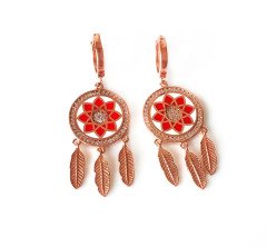 Kırmızı Mineli Pullu Rose Gümüş Küpe