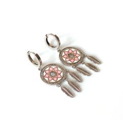 Pembe Mineli Pullu Gümüş Küpe