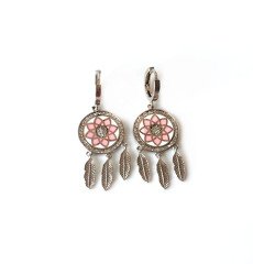 Pembe Mineli Pullu Gümüş Küpe