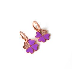 Mor Mineli Dört Yapraklı Yonca Gümüş Küpe