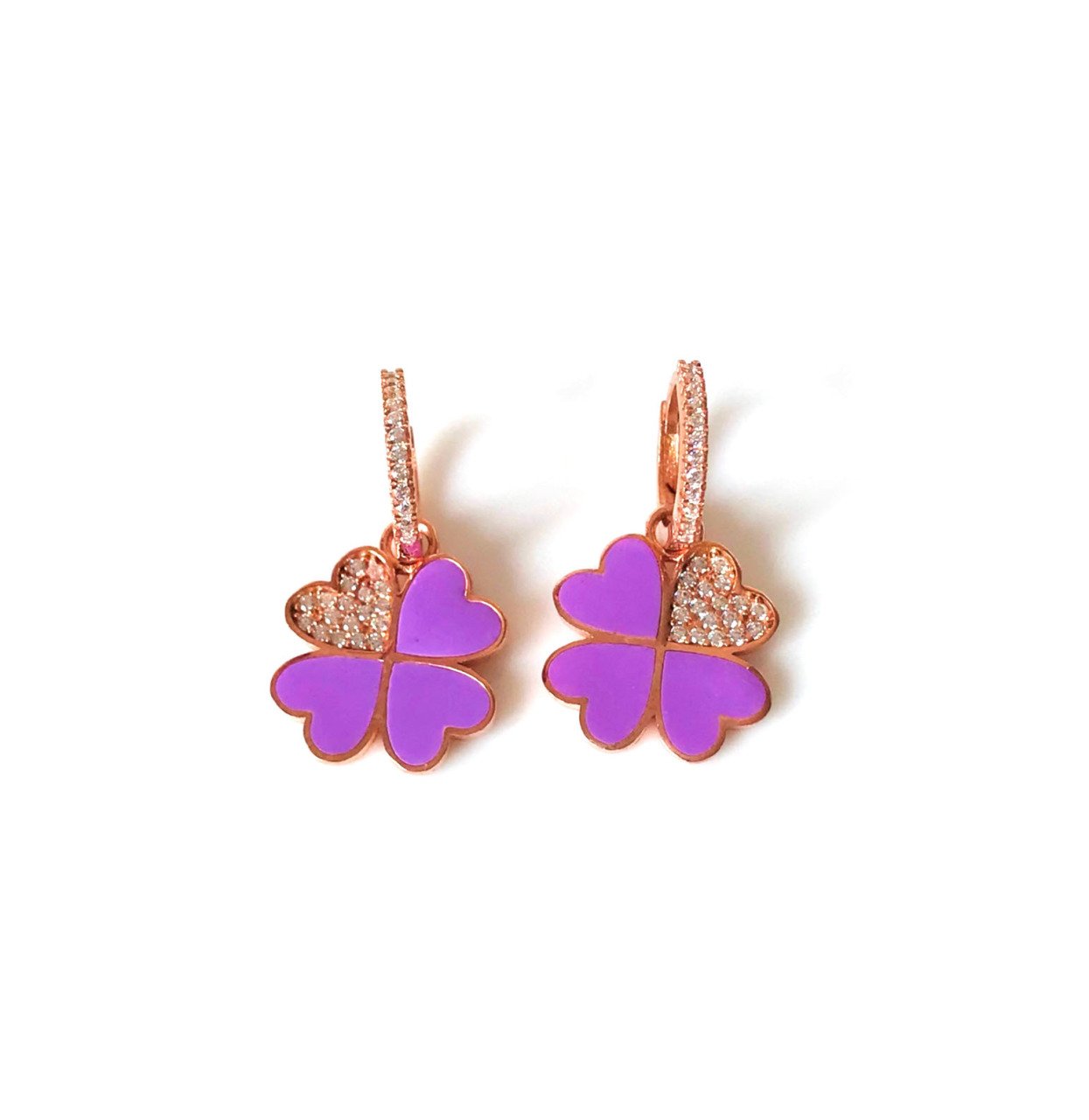 Mor Mineli Dört Yapraklı Yonca Gümüş Küpe