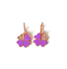 Mor Mineli Dört Yapraklı Yonca Gümüş Küpe