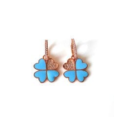 Mavi Mineli  Dört Yapraklı Yonca Gümüş Küpe