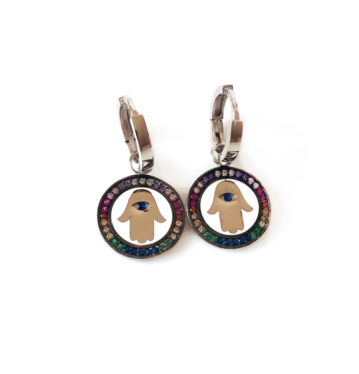 Renkli Zirkon Taşlı El Detaylı Gümüş Küpe