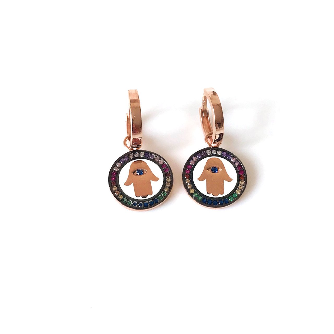 Renkli Zirkon Taşllı El Detaylı Rose Gümüş Küpe