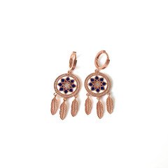 Lacivert Çiçek Detaylı Yaprak Pullu Rose Gümüş  Küpe